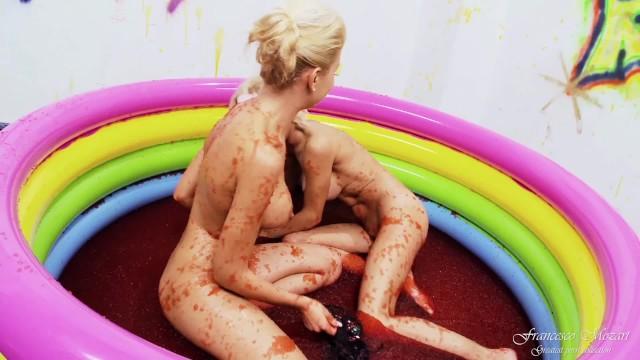 Two Lesbians have Fun and Enjoy in a Pool of Red Gel - 1