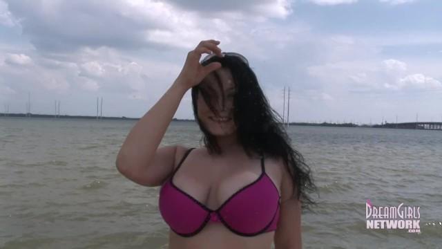 Big Tit Brunette Flashes at Beach in Full View of Traffic - 1