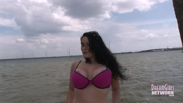 Big Tit Brunette Flashes at Beach in Full View of Traffic - 2