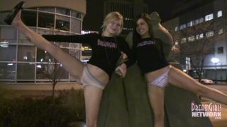 Dando Two Coeds Flash Downtown in Freezing Cold Weather Female Domination