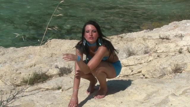 Shiny Spandex MILF´s Mini Skirt Bikini Strip on Rocks for King of Mallorca - 2