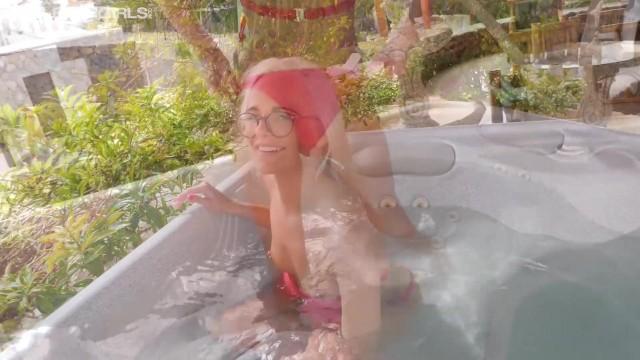 First Time Blonde Babe Shooting Topless in Hot Tub - 2