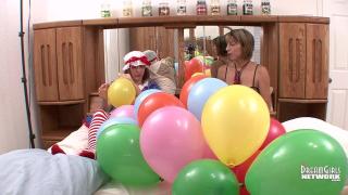 Foursome Costumed Looner Freaks Blow Balloons up & Pop them Plump