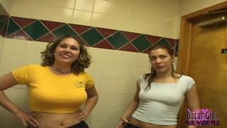 Asians Hot Brunette & Bar Waitress Show Tits in the Men's Room Francais