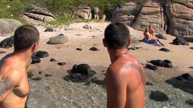 Big Ass Teen with Busty Tits Gets Anal Hard Fucked by three Muscular Men on the Beach - 1