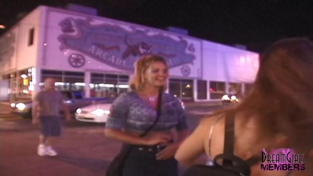 GrannyCinema Myrtle Beach Street Flashing with three Wild Girls Outdoor Sex - 1