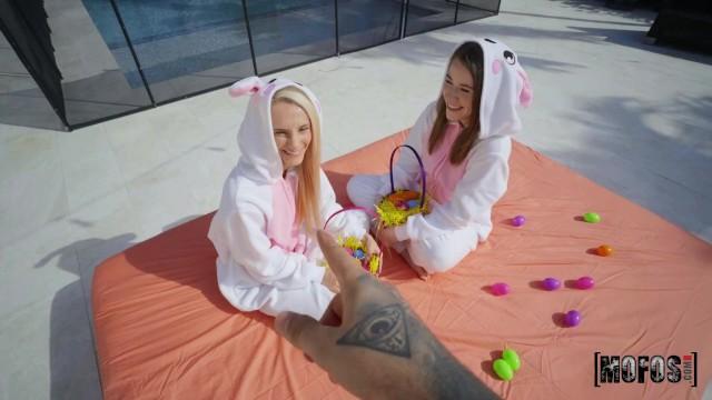 MOFOS - two Sexy Bunnies Alice Merches & Sadie Hartz Riding Big White Cock with their Tight Pussies - 1