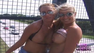 Naked Risky Public Flashing with two Big Tit BFF's Teacher