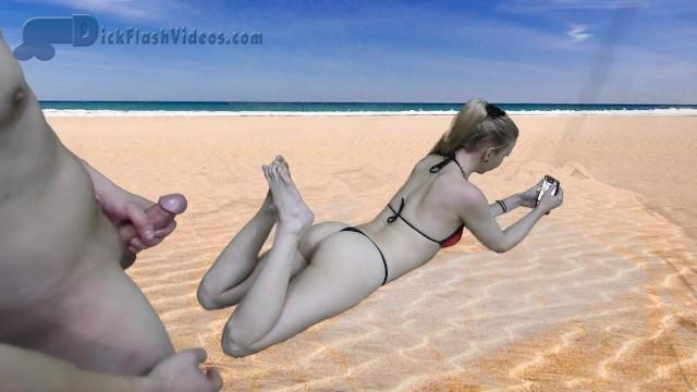 18 Porn CFNM Dick Flashing Cumshot at the Beach with the Blonde in a Thong Bikini Norah Nova Secretary - 1