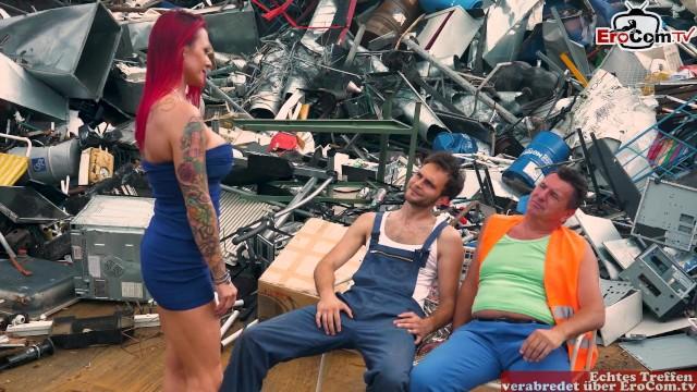 Redhead MILF with Big Silicone Tits and Tattoos Fucks two Garbage Men in Junkyard - 2