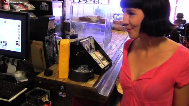 Porzo Hots for the Cashier Lady: Lesbian Seduces Cashier and they end up in the Bathroom Dominate