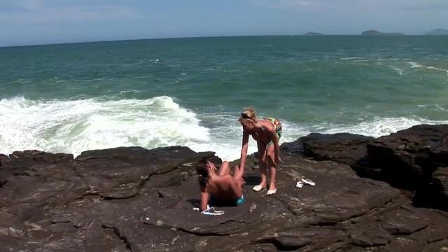 American and Brazilian Models having Hot Lesbian Sex on the Beach - 2