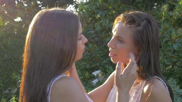 Two Gorgeous Brunette Teens with Perfect Body having Hot Pussy Licking Scene Outdoor - 1