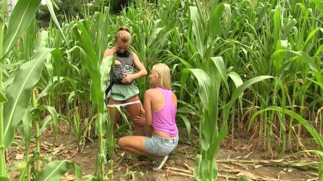 Two British Teens with Blonde Hair and Tight Pussy Dildoing each Other's Pussy in the Corn Field - 2