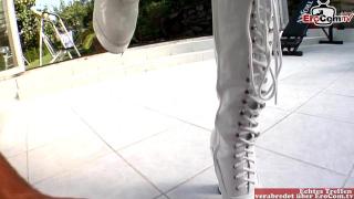 Outdoor Sex Skinny Teenage Girl with Small Tits Filmed POV during the Fuck in White Boots Humiliation Pov