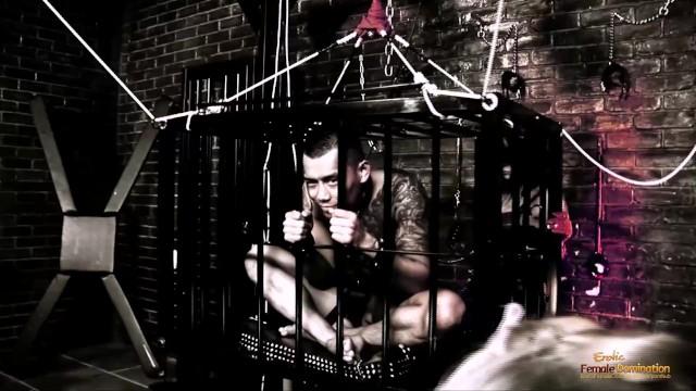 Suckingcock Asian Guy get Locked into a Cage by two Horny Women Foot Job - 1