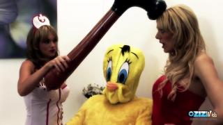 Pussy Licking Guy in a Costume Gets to Bang two Chicks at once DancingBear