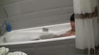 Tia Sweet brunette is sucking dick in the bath tub Cumshot