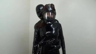 Girl Sucking Dick japanese gas mask latex hood catsuit blowjob Perfect Pussy