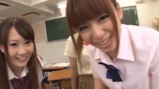 CamWhores Three sweet Japanese school girls suck on one throbbing cock and eat cum Uniform