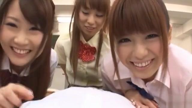 Three sweet Japanese school girls suck on one throbbing cock and eat cum - 2