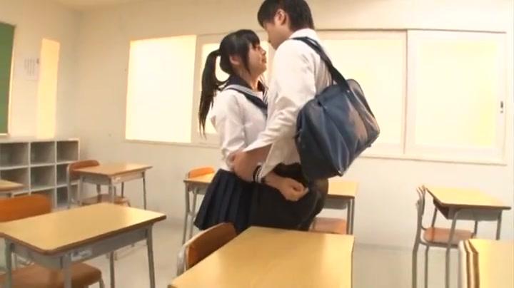 Naughty Aimi Usui Asian teen in a short skirt gets cum on ass in porn show Sexual Threesome