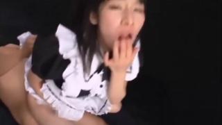 Man Japanese girl in uniform swallows cum in threesome Twerking