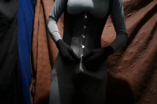 BazooCam Black Zentai Batgirl cosplay (Cosplay scene only)...