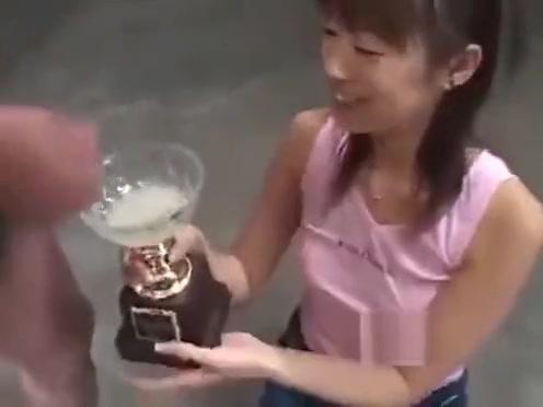 JAPANESE TEENAGER DRINKS TROPHY CUP FULL OF CUMSHOT - 1