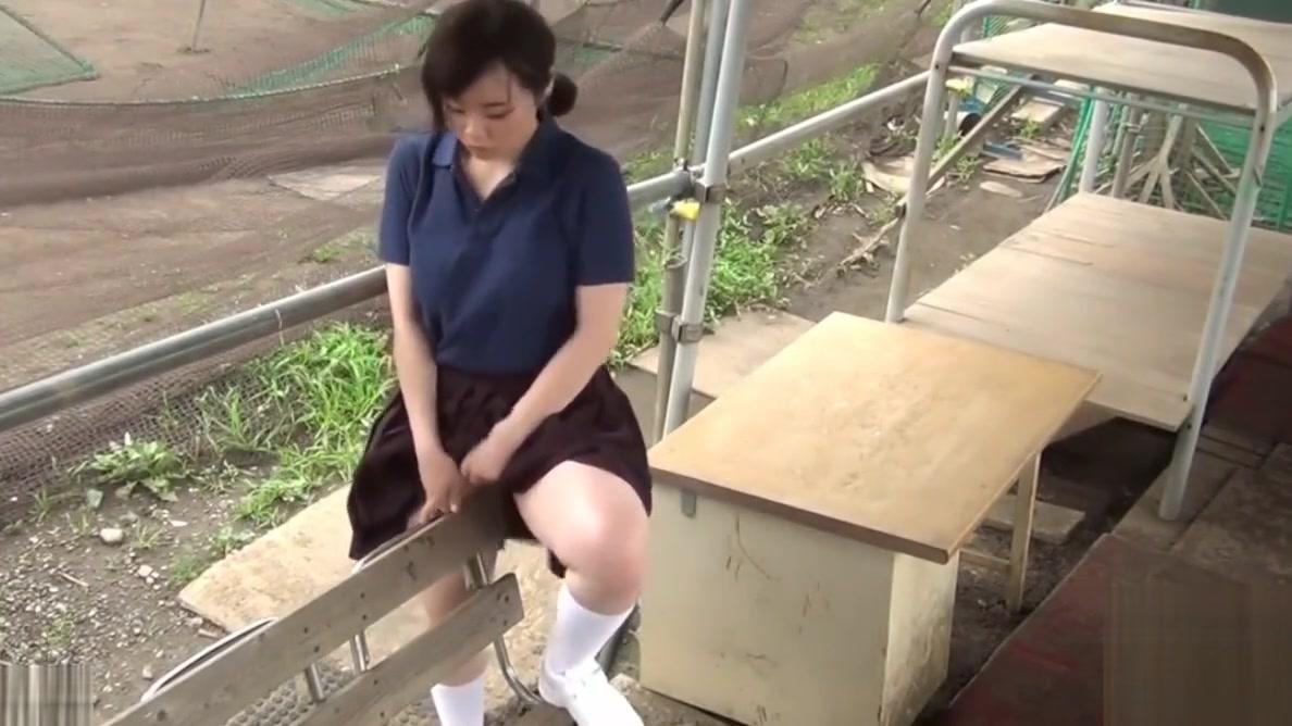 Japanese girl humping on the bench - 1