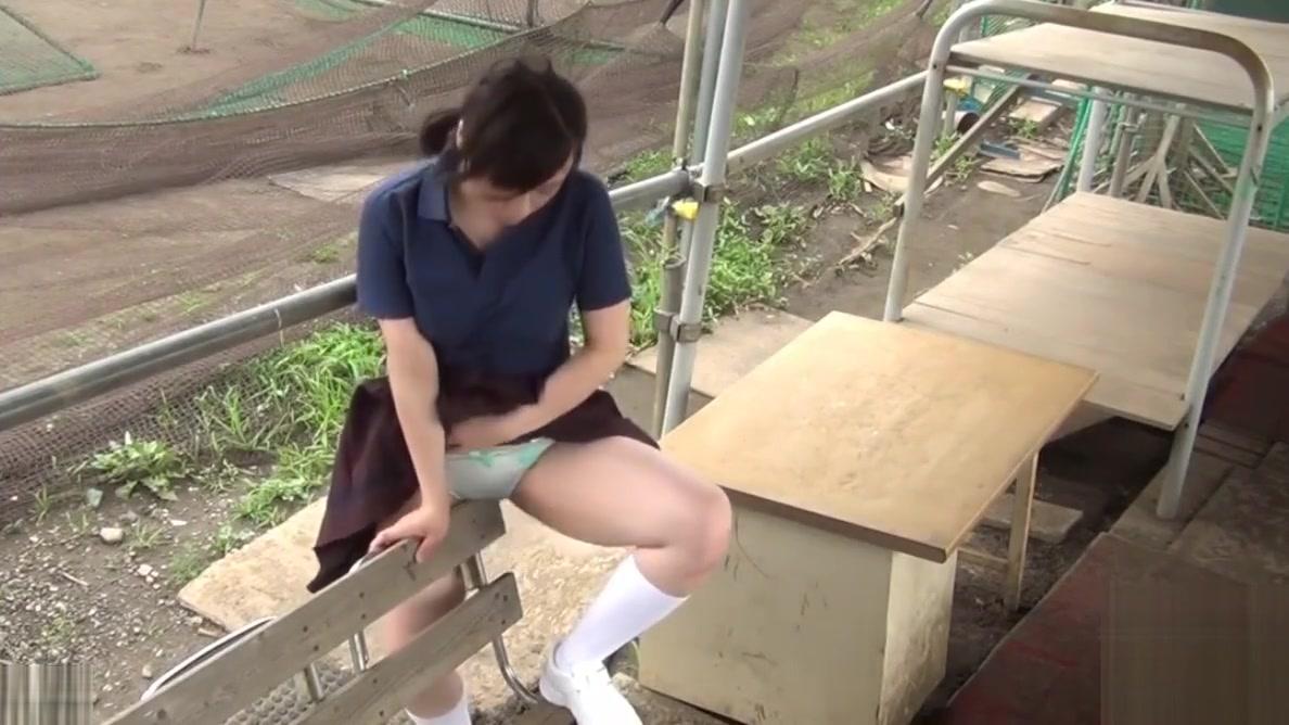 Japanese girl humping on the bench - 2