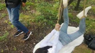 Spying Cute Asian Tied In Forest Cum Eating